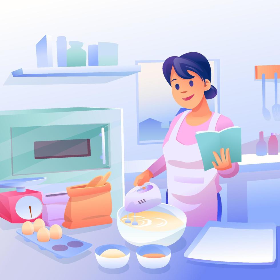 una donna felice che prepara una torta in cucina vettore