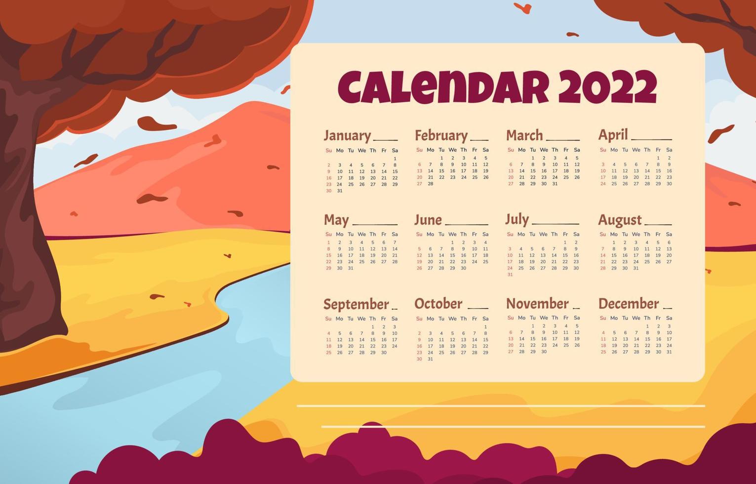 calendario paesaggi naturali 2022 vettore