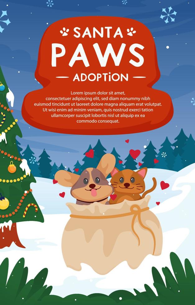 poster di zampe di babbo natale con adorabile cane e gatto vettore