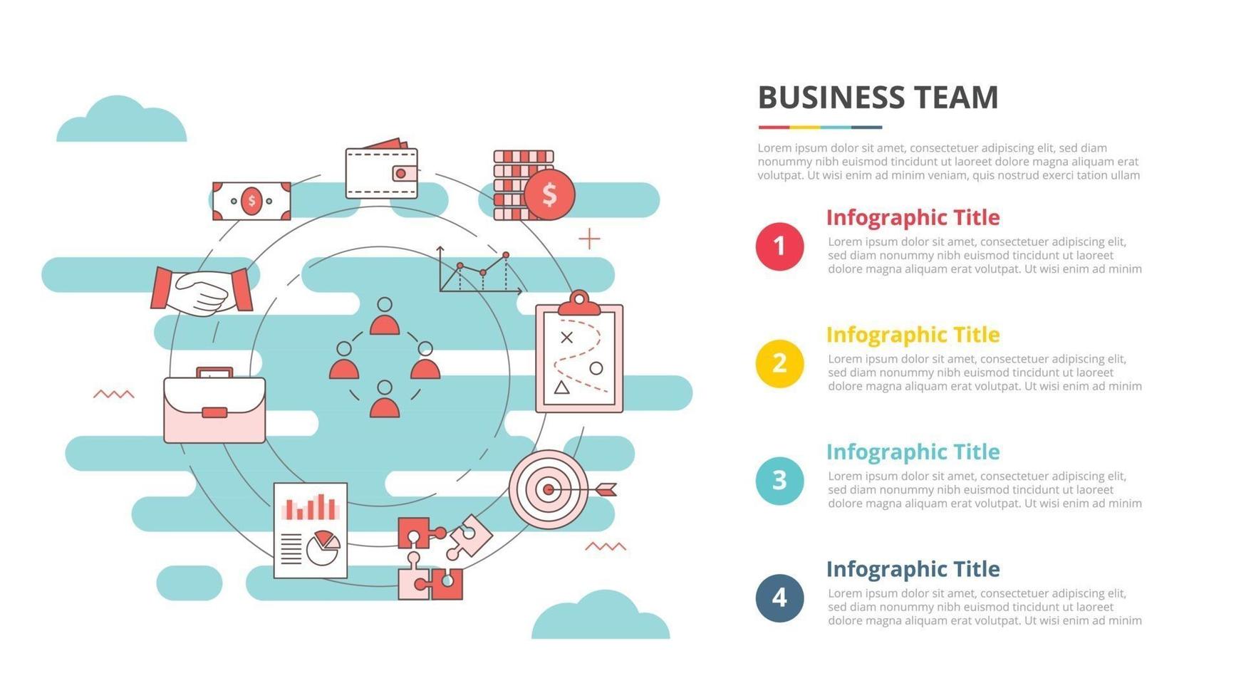 concetto di team aziendale per banner modello infografico con informazioni sull'elenco a quattro punti vettore