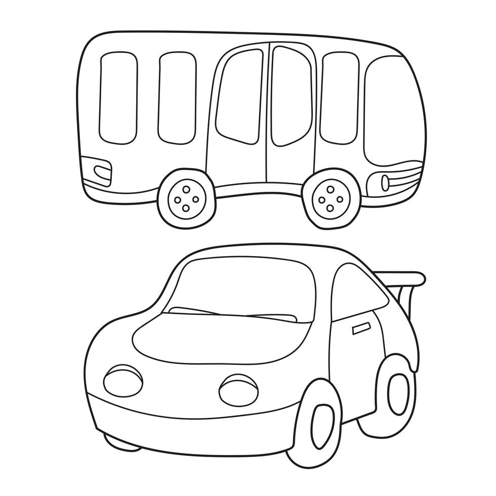 contorno cartone animato in bianco e nero di autobus e auto. libro da colorare per bambini vettore