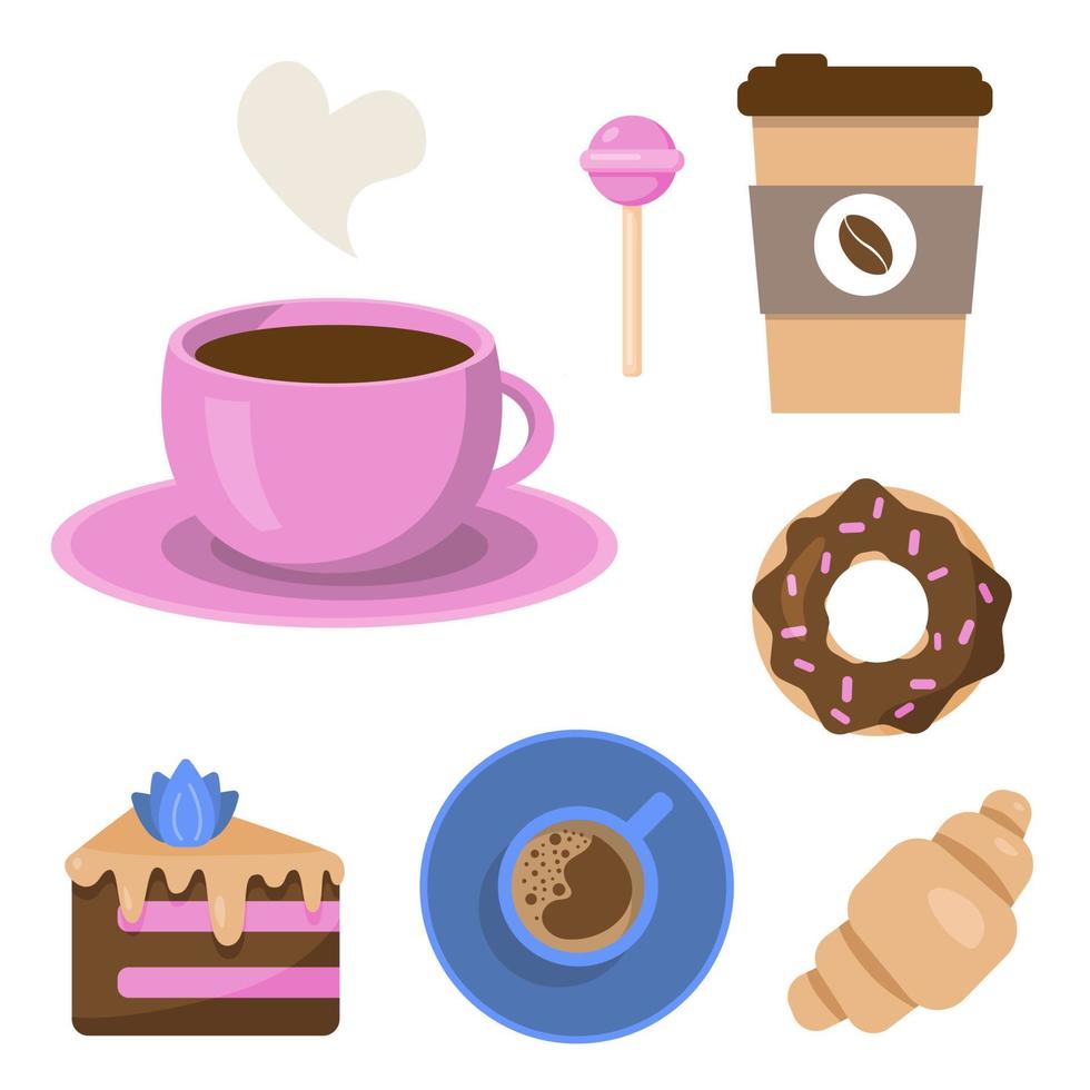 set di tazze da caffè e dessert diversi. tazza di caffè rosa, vista sopra e caffè da asporto. croissant, pezzo di torta, ciambella e lecca-lecca. illustrazione vettoriale in stile piatto cartone animato