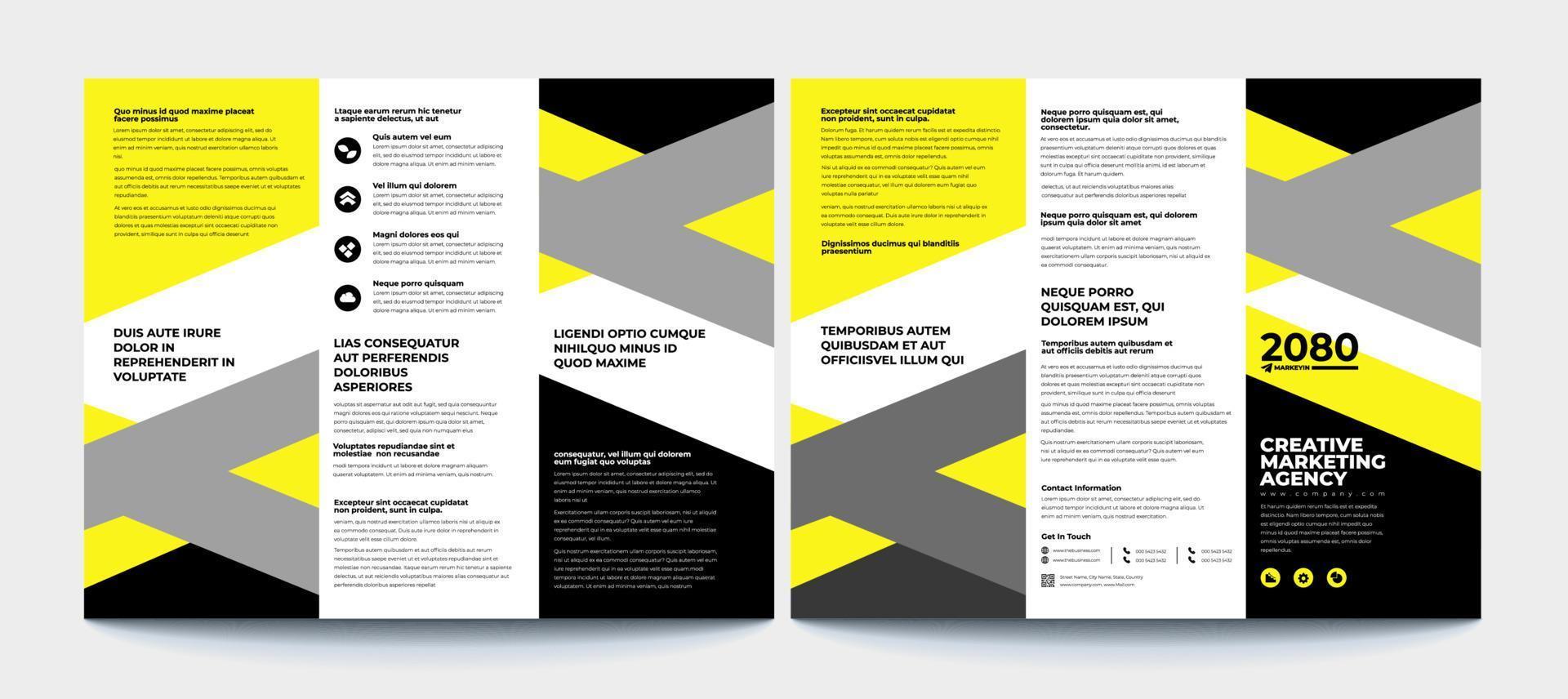 design brochure aziendale a tre ante blu, modello di brochure a tre ante creativo e professionale, design di volantini vettore