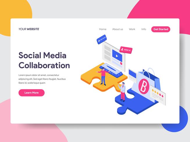 Modello della pagina di atterraggio del concetto isometrico dell&#39;illustrazione di collaborazione di media sociali. Concetto di design piatto isometrica della progettazione di pagine Web per sito Web e sito Web mobile. Illustrazione di vettore