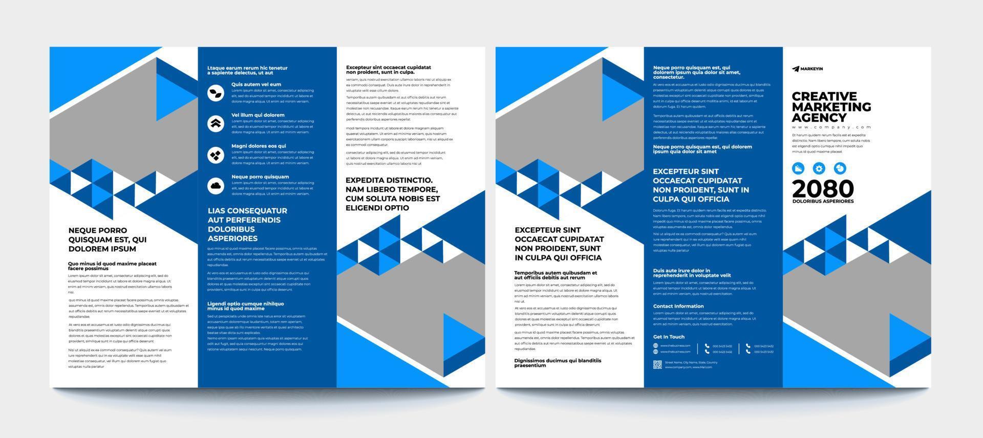 modello di brochure a tre ante aziendale aziendale. design moderno, creativo e professionale per brochure a tre pieghe. layout di promozione semplice e minimalista con colore blu. vettore
