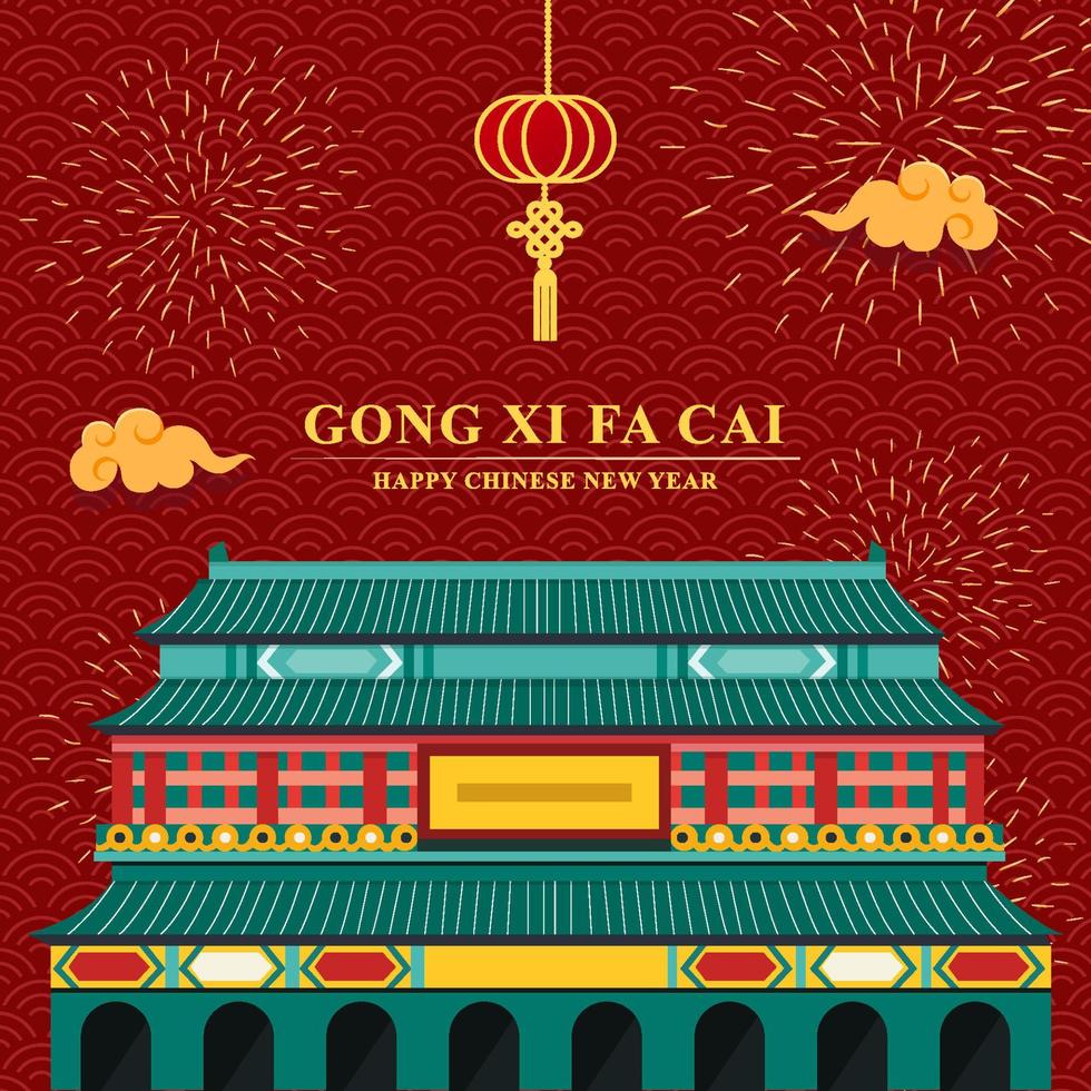 celebrazione dei fuochi d'artificio del gong xi fa cai al concetto del tempio vettore