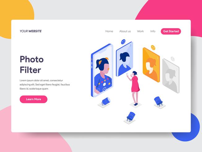 Modello della pagina di atterraggio del concetto isometrico dell&#39;illustrazione del filtro dalla foto. Concetto di design piatto isometrica della progettazione di pagine Web per sito Web e sito Web mobile. Illustrazione di vettore