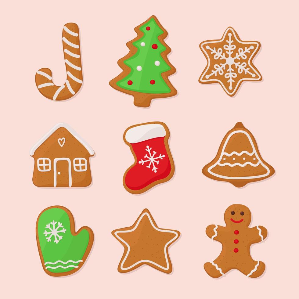 biscotti di panpepato di Natale, set. illustrazione vettoriale disegnata a mano, stile piatto