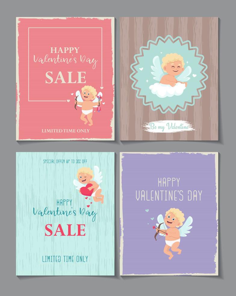 set di biglietti di auguri di San Valentino e banner di vendita. illustrazione vettoriale con simpatico cupido