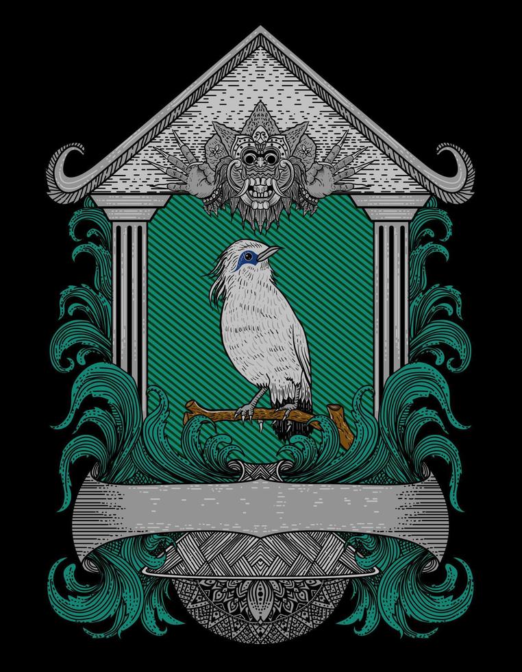 illustrazione vettoriale jalak bali uccello su incisione antica ornamento
