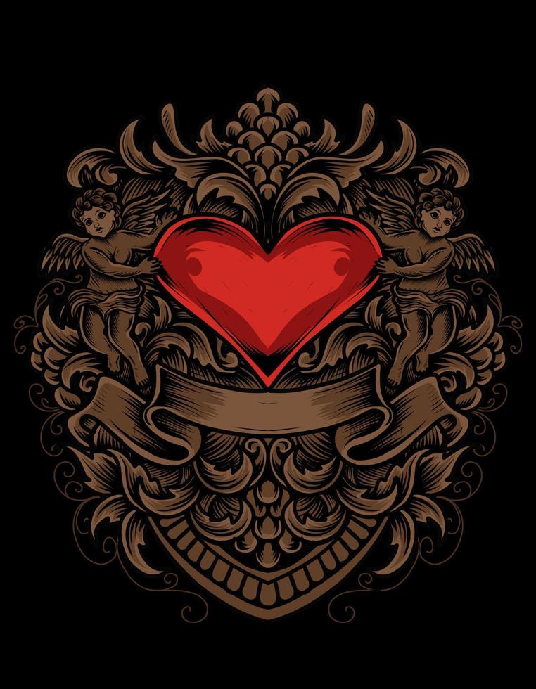 illustrazione vettoriale cuore d'amore con due angioletti e ornamento per incisione
