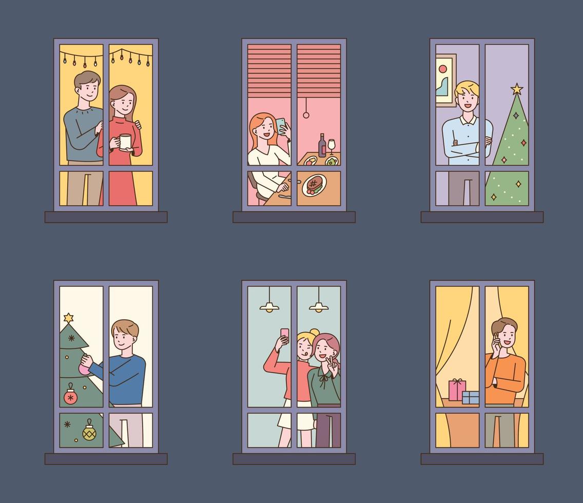 vicini visti dalla finestra. le persone fanno decorazioni natalizie e sono felici. vettore