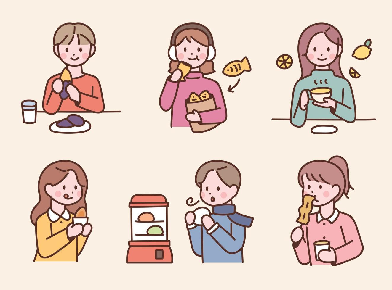 le persone stanno mangiando snack o dessert invernali coreani. simpatici personaggi. vettore