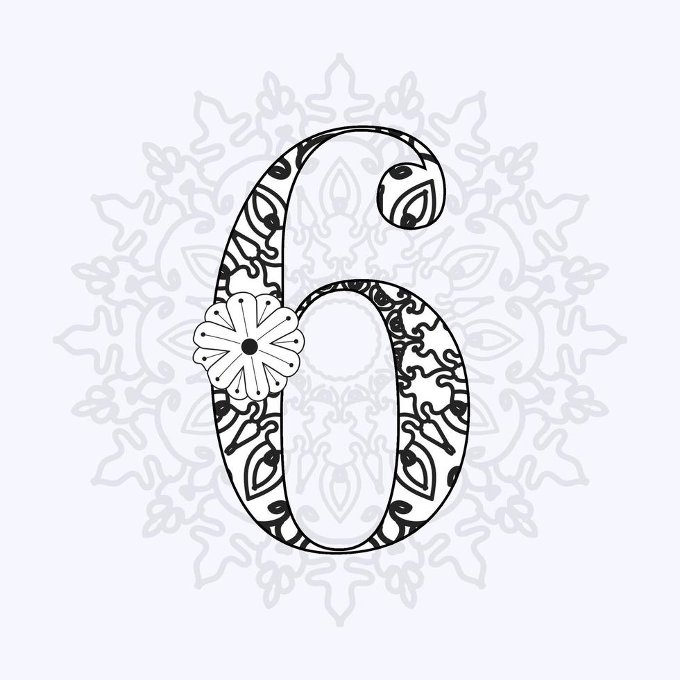 numero 6 con mandala. ornamento decorativo in stile etnico orientale. pagina del libro da colorare vettore