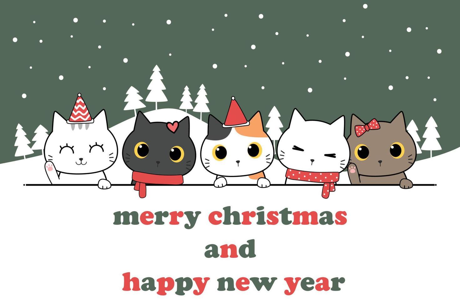 carino gattino gatto saluto cartone animato scarabocchiare buon natale tema illustrazione vettoriale