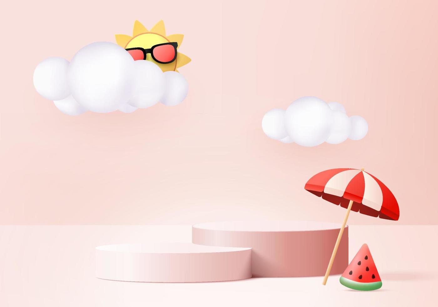 Scena del podio dell'esposizione del prodotto del fondo di estate 3d con la piattaforma del cloud. sfondo estate vettoriale 3d rendering con sole, anguria sul podio rosa. stand mostra prodotto cosmetico mostra studio rosa