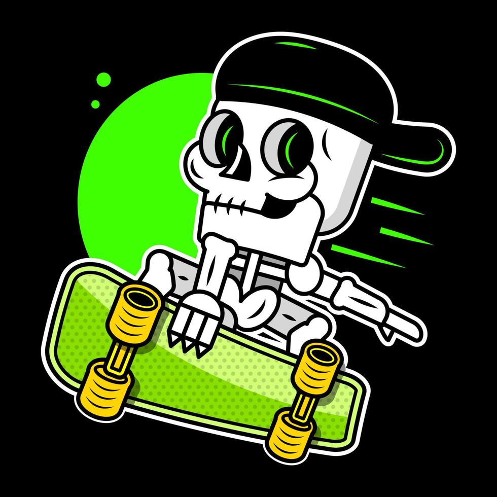 scheletro di cartone animato con sciarpa in sella a skateboard, pattinaggio in slittamento vettore