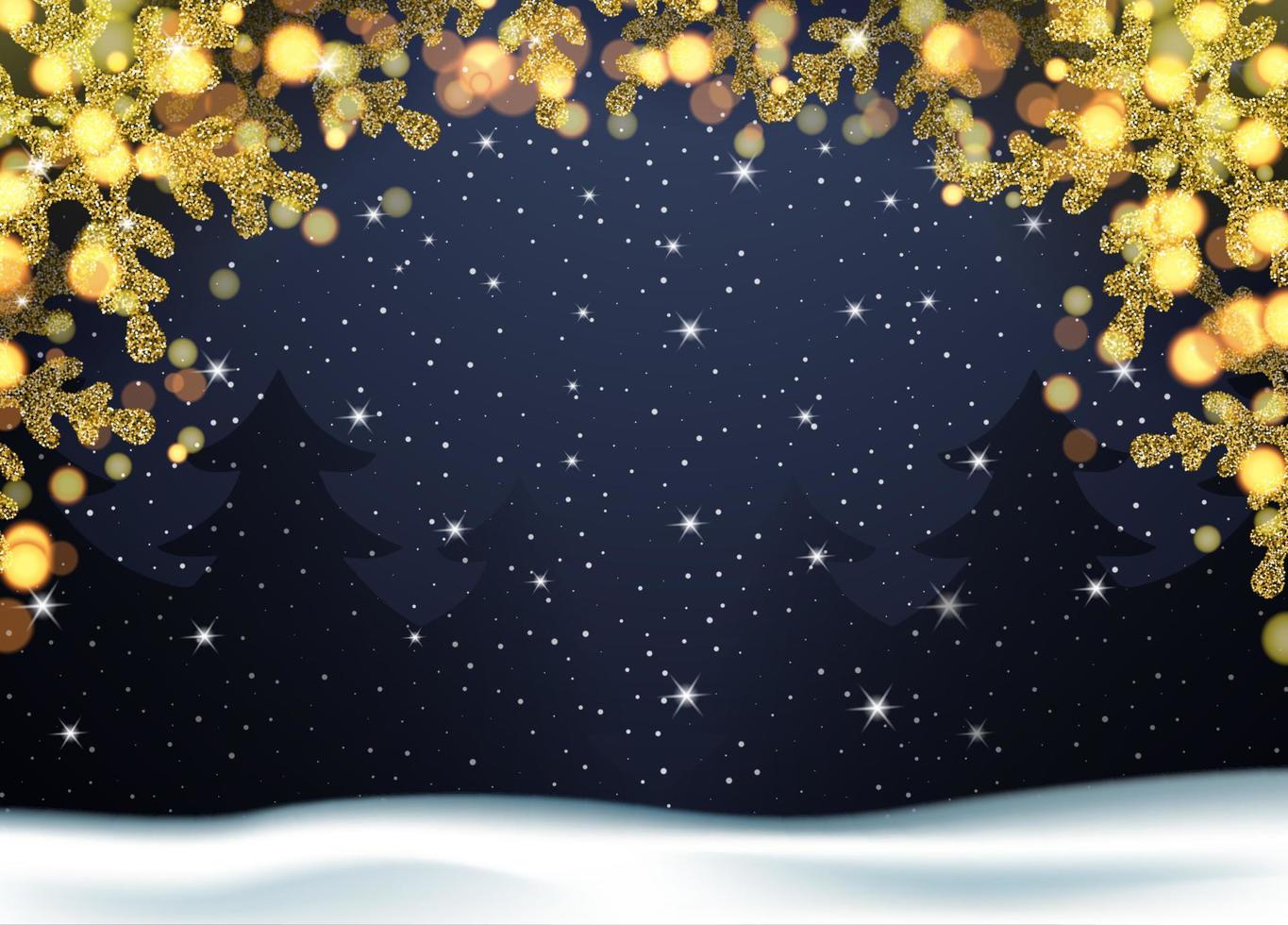 banner di natale fiocchi di neve dorati. glitter oro e bokeh luminoso. foresta oscura alla vigilia di capodanno con la neve che cade. illustrazione realistica. vettore. vettore