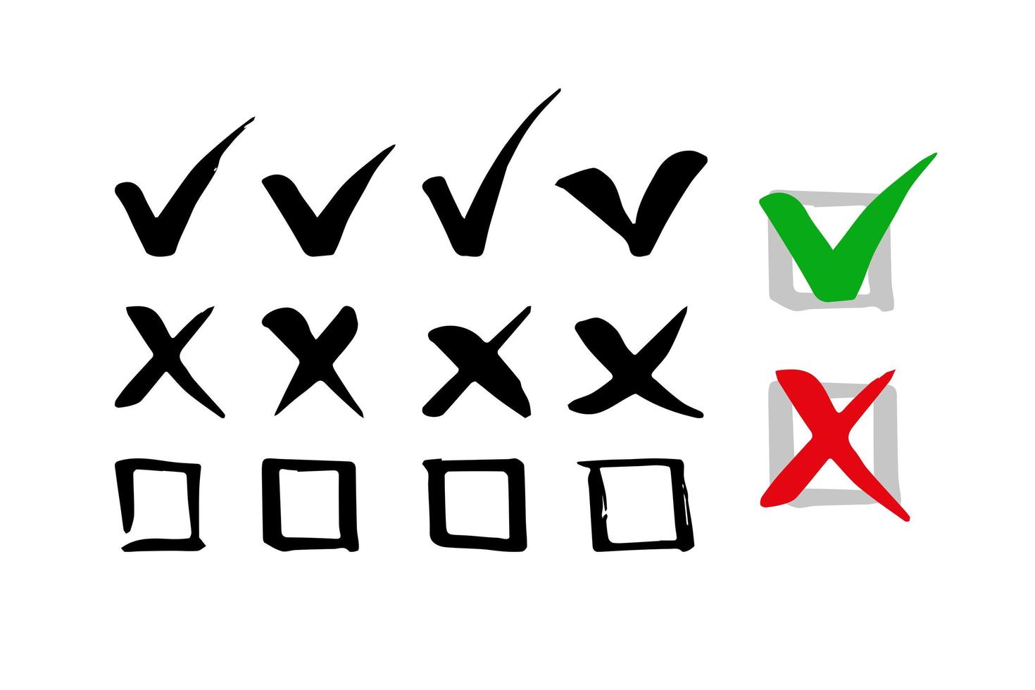 segno di spunta disegnato a mano e pulsanti simbolo croce. illustrazione vettoriale. piatto vettore