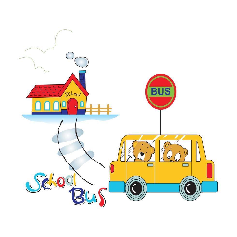 cartone animato orso ragazzo diretto a scuola usando uno scuolabus vettore