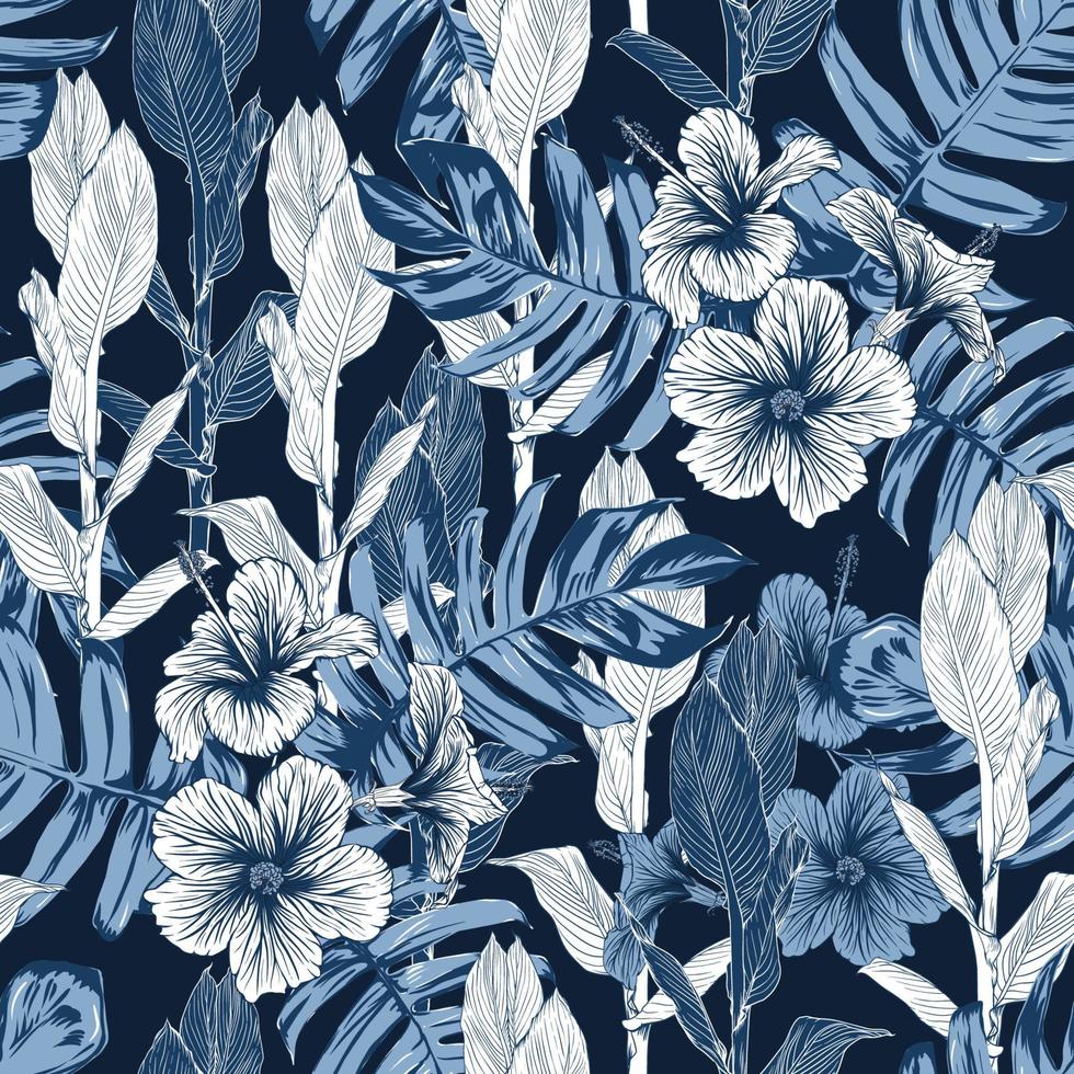 motivo floreale senza cuciture con fiori di ibisca e foglia di canna lilly sfondo astratto.illustrazione vettoriale acquerello disegno a mano.tessuto fashion design