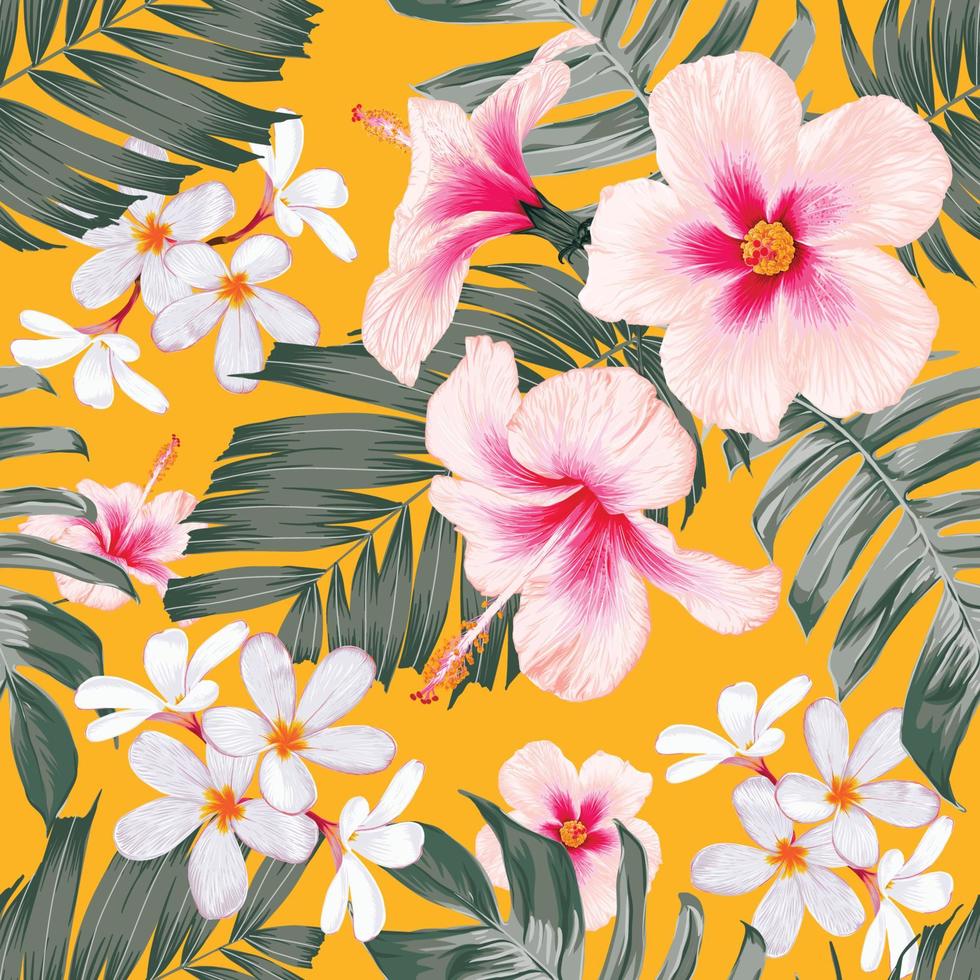 motivo floreale senza soluzione di continuità con fiori di ibisco pastello rosa e frangipani su sfondo giallo isolato.illustrazione vettoriale disegnata a mano.per il design di stampa di moda in tessuto o la confezione del prodotto.