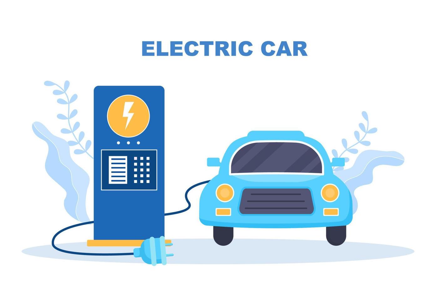ricaricare le batterie delle auto elettriche con il concetto di caricabatterie e spine per cavi che utilizzano l'ambiente verde, l'ecologia, la sostenibilità o l'aria pulita. illustrazione vettoriale