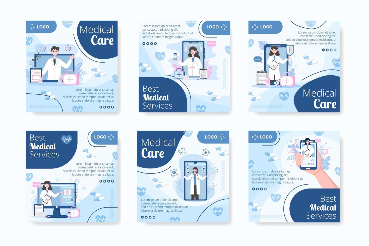 assistenza sanitaria medica design piatto illustrazione post modificabile di sfondo quadrato adatto per social media, feed, carta, saluti e modello di annunci web internet vettore