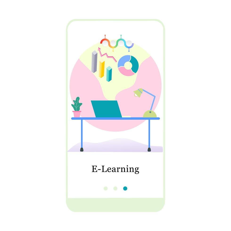 educazione online, e-learning, schermata di onboarding dell'app mobile della scuola online. modello di banner vettoriale menu per interfaccia ux, sviluppo mobile dello schermo ui gui. sito web design 3d illustrazione piatta isometrica.