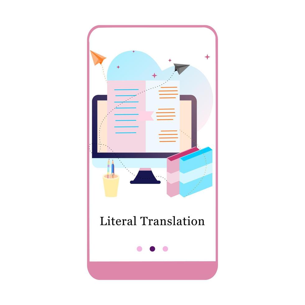 corsi di lingua online, traduzione letterale, assistente personale, schermata di onboarding dell'app mobile e-learning. modello di banner vettoriale menu per interfaccia ux, ui gui schermo mobile sviluppo illustrazione.