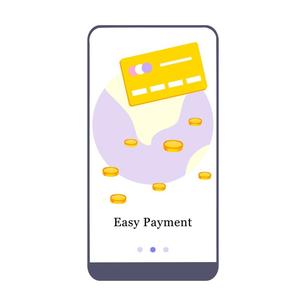 Schermata di onboarding della pagina dell'app mobile di pagamento elettronico. progettazione dell'applicazione per un facile pagamento, pagamento, carta di credito, pagamento del prestito e accumulo di punti. ui sull'illustrazione di vettore del modello mobile degli schermi di imbarco.