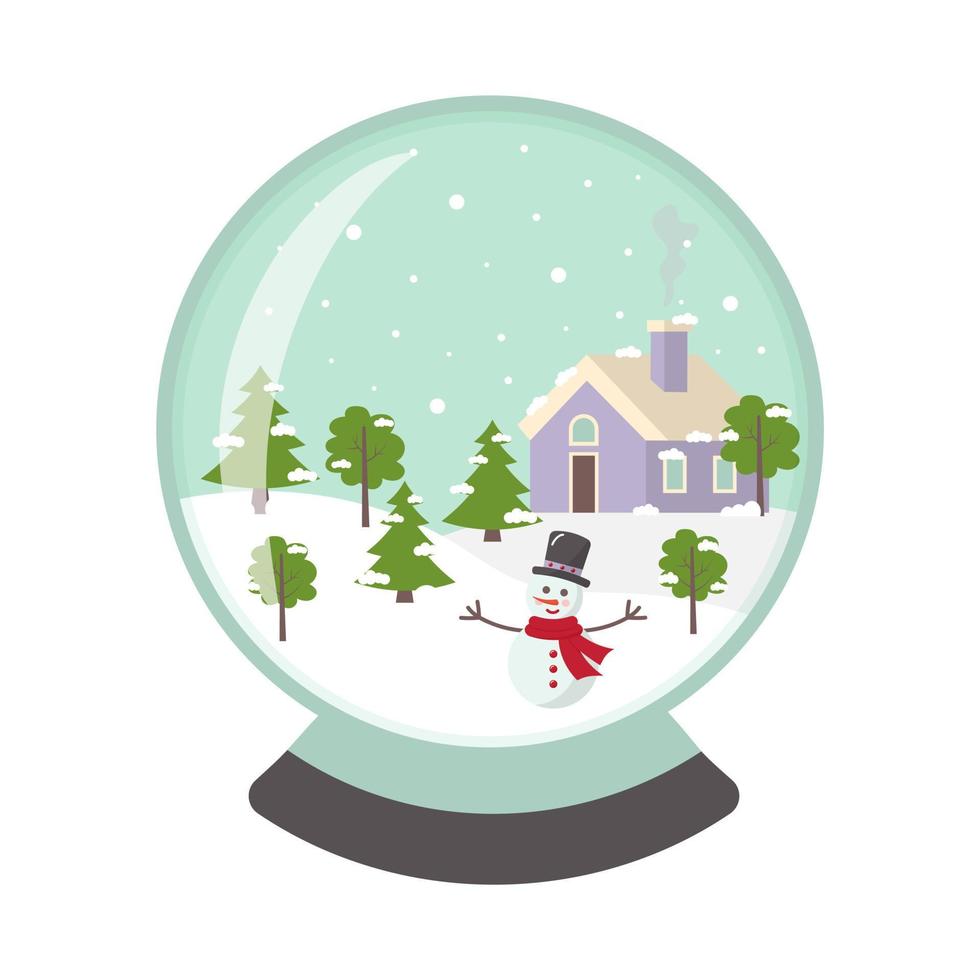 globo di neve di Natale con pupazzo di neve, casa d'inverno e alberi. vettore
