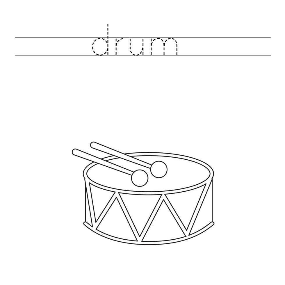 traccia la parola e il tamburo giocattolo dei cartoni animati a colori. vettore