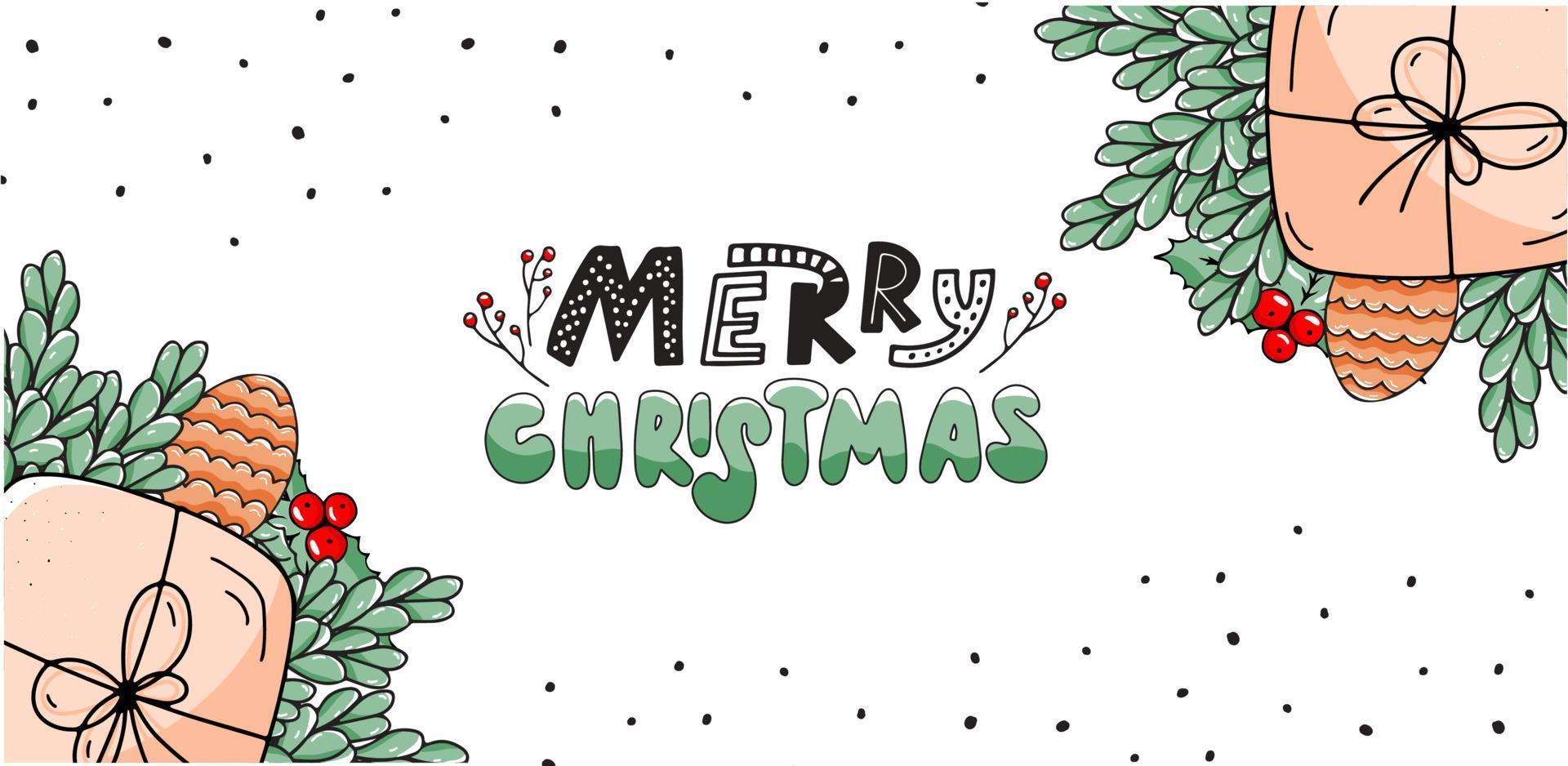 sfondo di natale con confezione regalo, ramoscelli, pigna e scritte. buon Natale. illustrazione disegnata a mano di vettore
