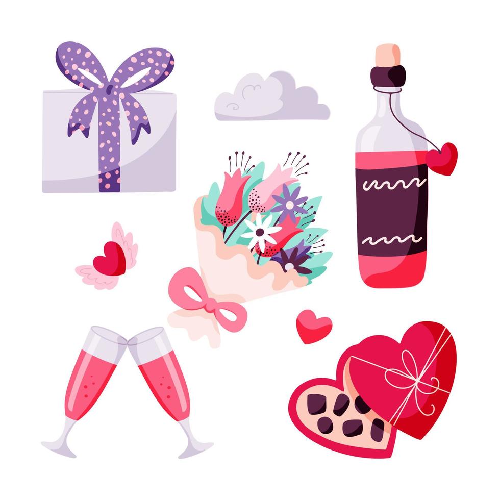 giorno di San Valentino festivo insieme di elementi disegnati a mano. bottiglia di vino rosso con bicchieri, confezione regalo, cioccolatini e un mazzo di fiori. illustrazione vettoriale