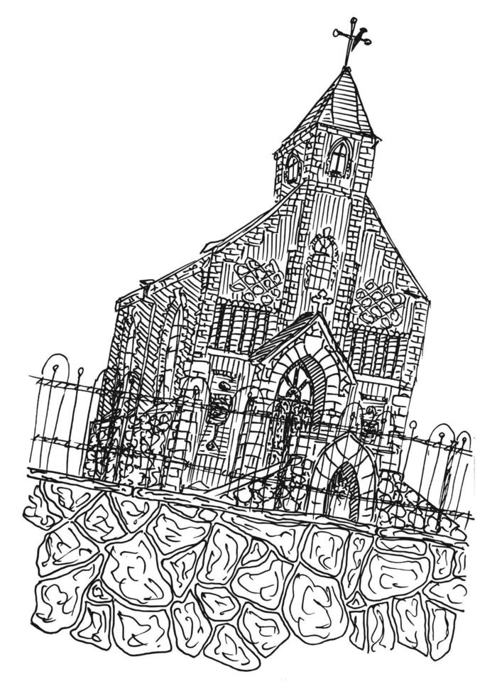 schizzo disegno di chiesa cattolica inchiostro nero vettore