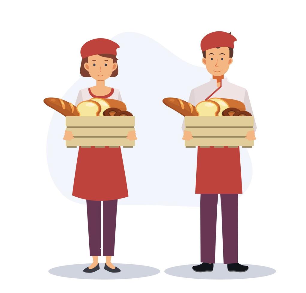 concetto di chef di panetteria, cottura, set di felice chef di panetteria che trasporta, mostrando loro l'illustrazione del personaggio dei cartoni animati di vettore 2d product.bread.flat.