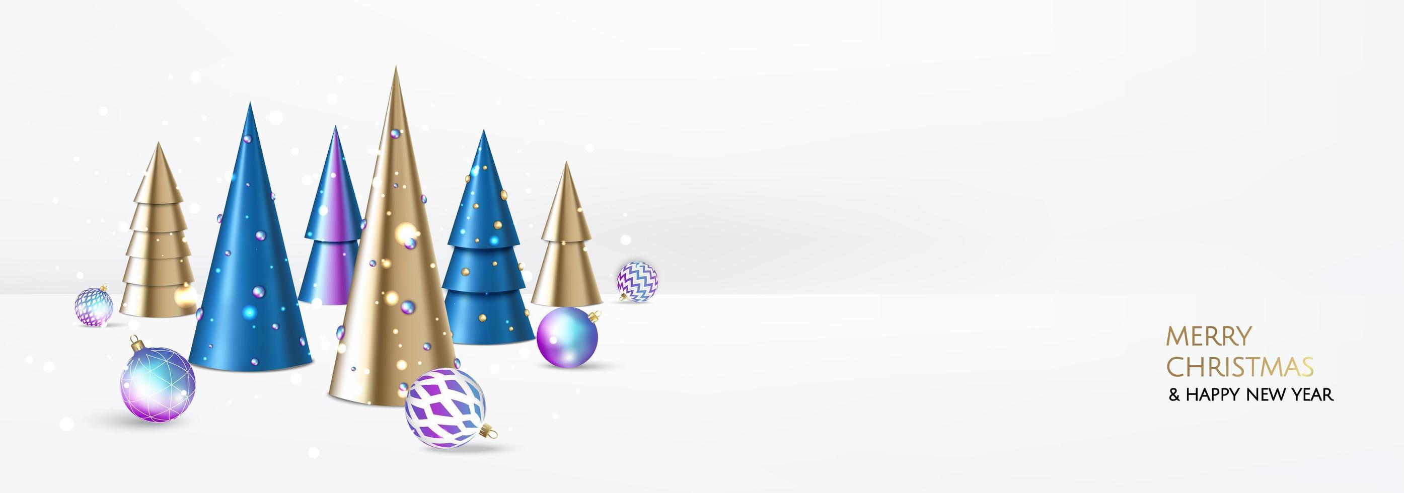 buon Natale e Felice Anno nuovo. sfondo festivo di natale con oggetti 3d realistici, palline blu e oro, albero di natale conico. composizione del disegno di caduta di levitazione. vettore
