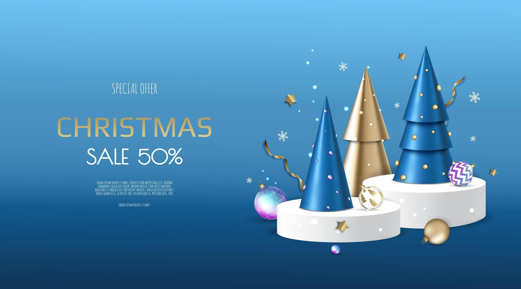 sfondo di natale e capodanno. alberi di Natale conici d'oro. composizione per le vacanze invernali. biglietto di auguri, banner, poster, intestazione per sito web vettore