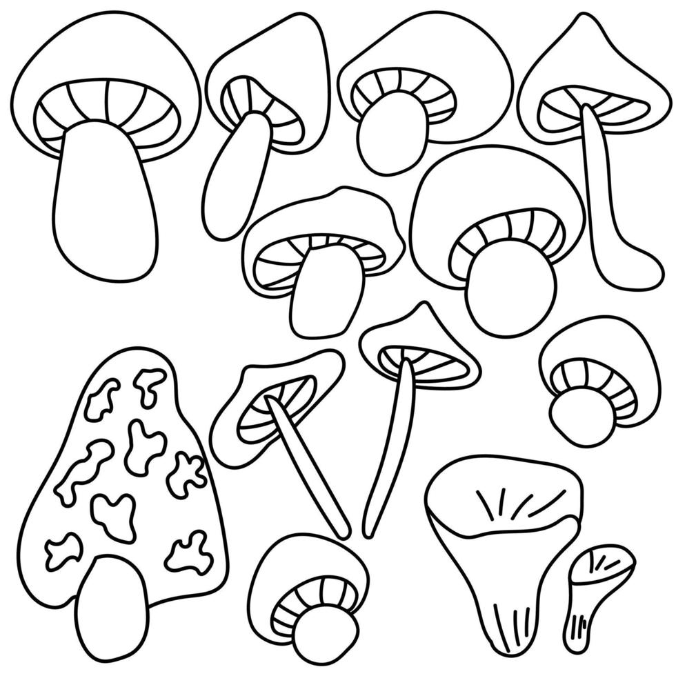 set di funghi scarabocchiati di contorno, pagina da colorare con vari tipi e forme di funghi, illustrazione vettoriale di disegno a mano