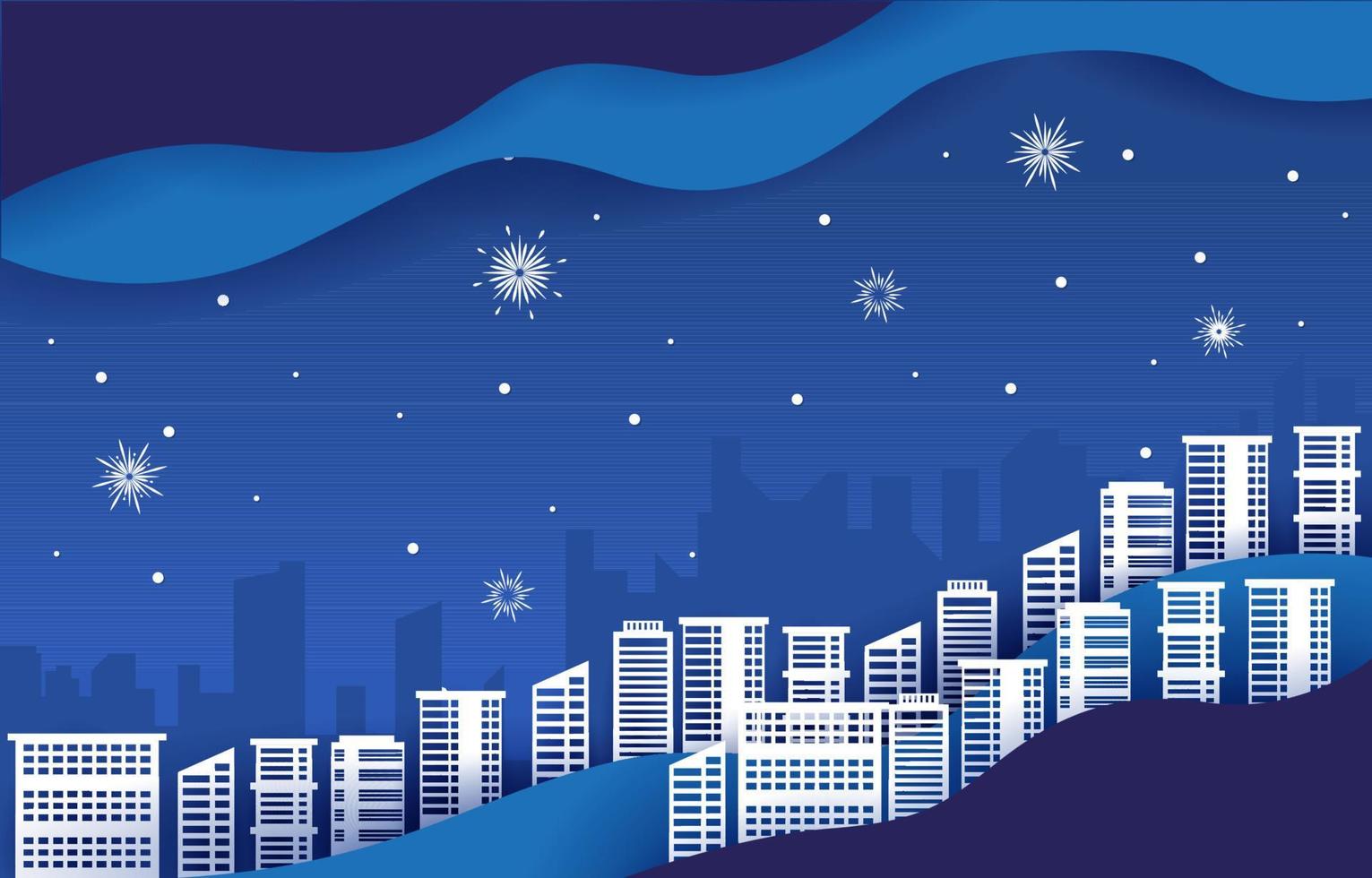 notte fuochi d'artificio costruzione della città inverno capodanno carta tagliata illustrazione vettore