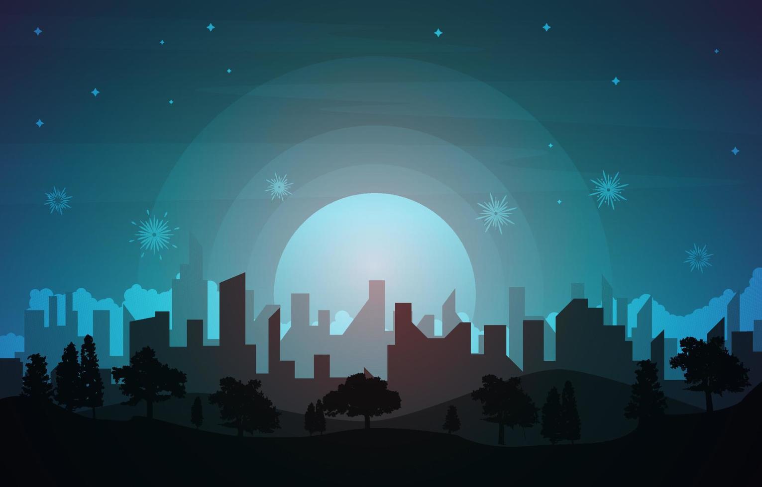 bella illustrazione vettoriale della carta di celebrazione del capodanno della costruzione della città di notte