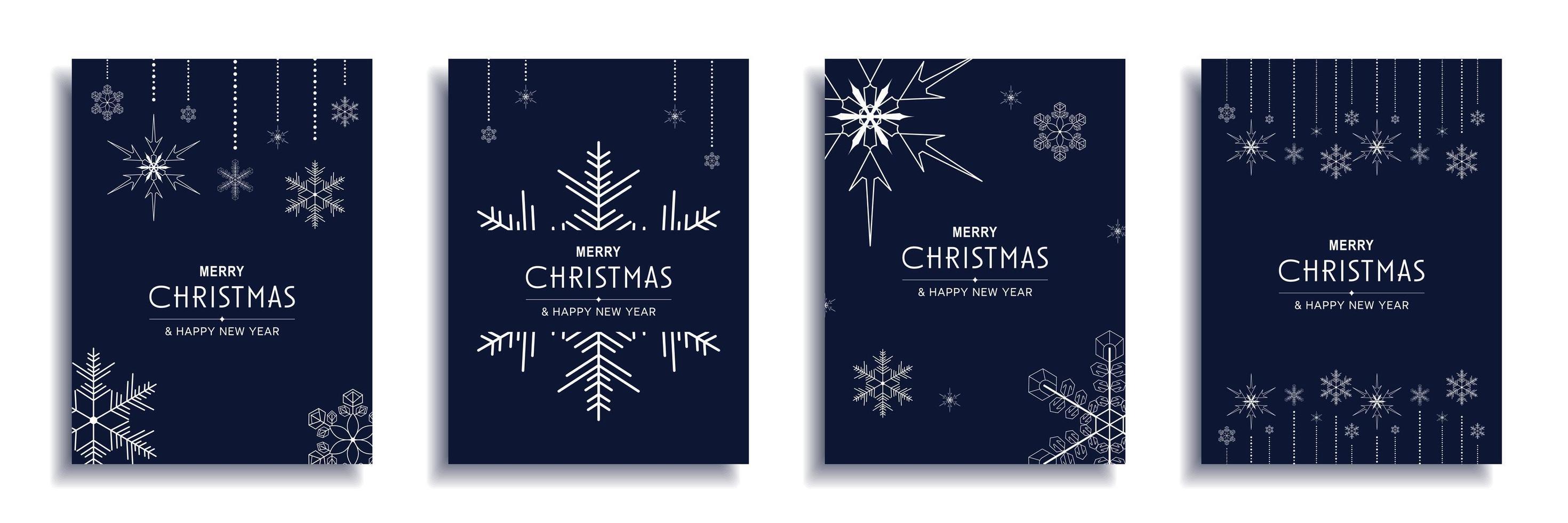 set di copertine per brochure buon natale e capodanno 2022. banner design minimale di natale con bordi decorativi di fiocchi di neve bianchi su sfondi blu. illustrazione vettoriale per volantini, poster o biglietti di auguri