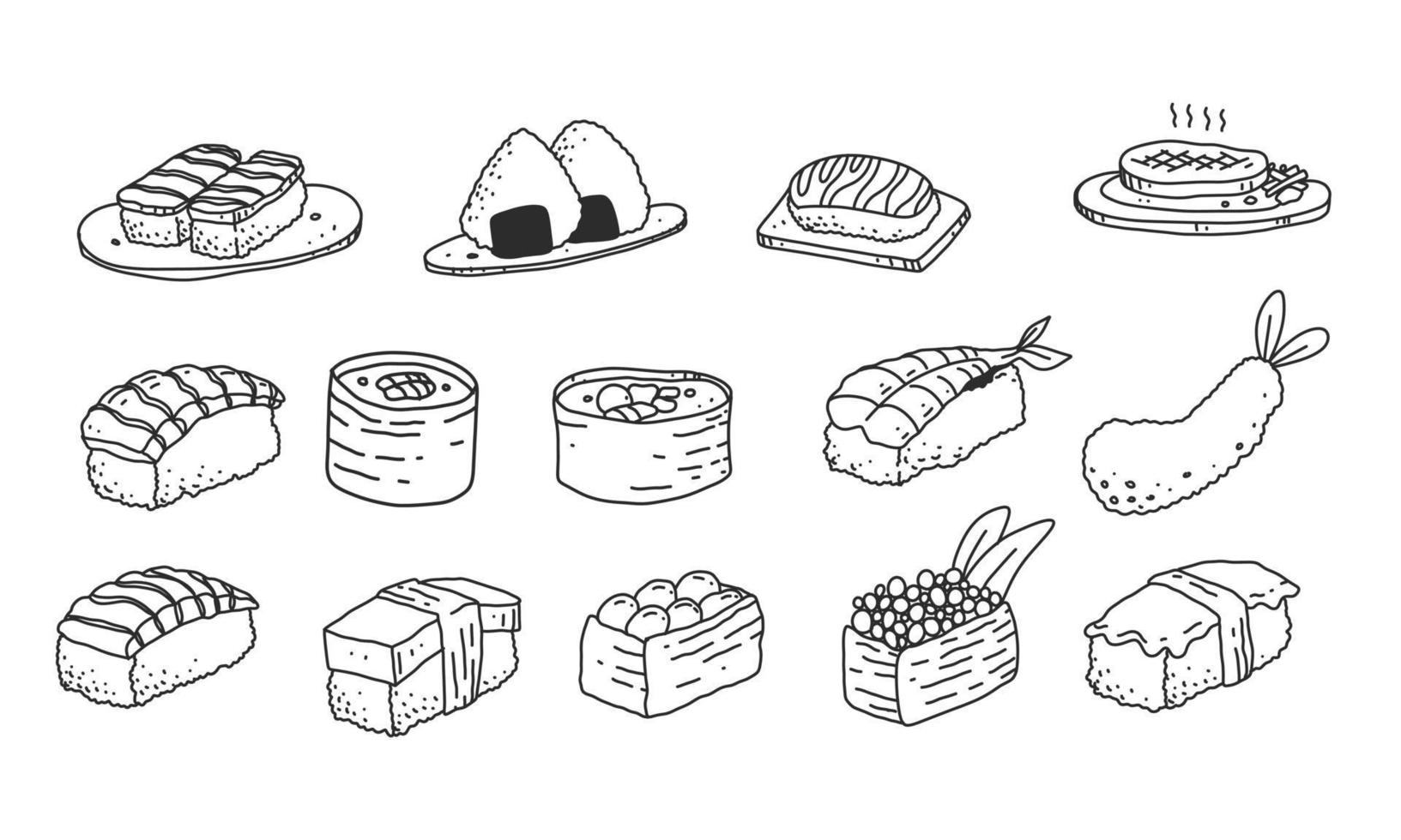 set di icone di cibi e bevande, illustrazione vettoriale di cibo sushi, dettaglio lineart cibo giapponese