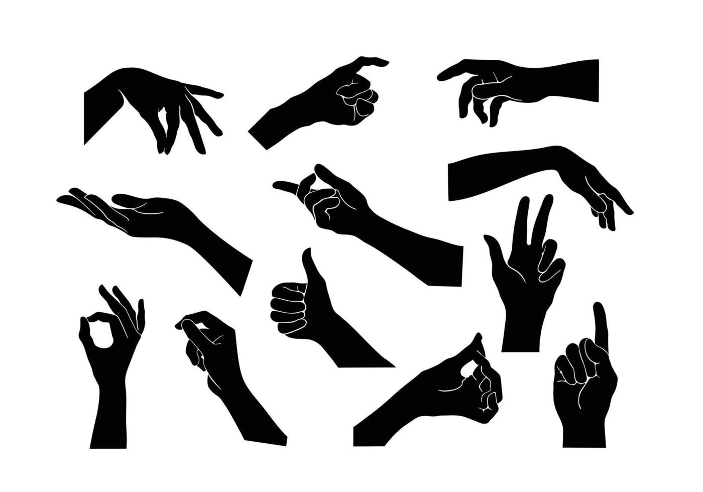 insieme di raccolta di vettore di gesti delle mani. gesto della mano nera come una silhouette o l'ombra delle mani. illustrazioni di movimento del corpo umano in nero.