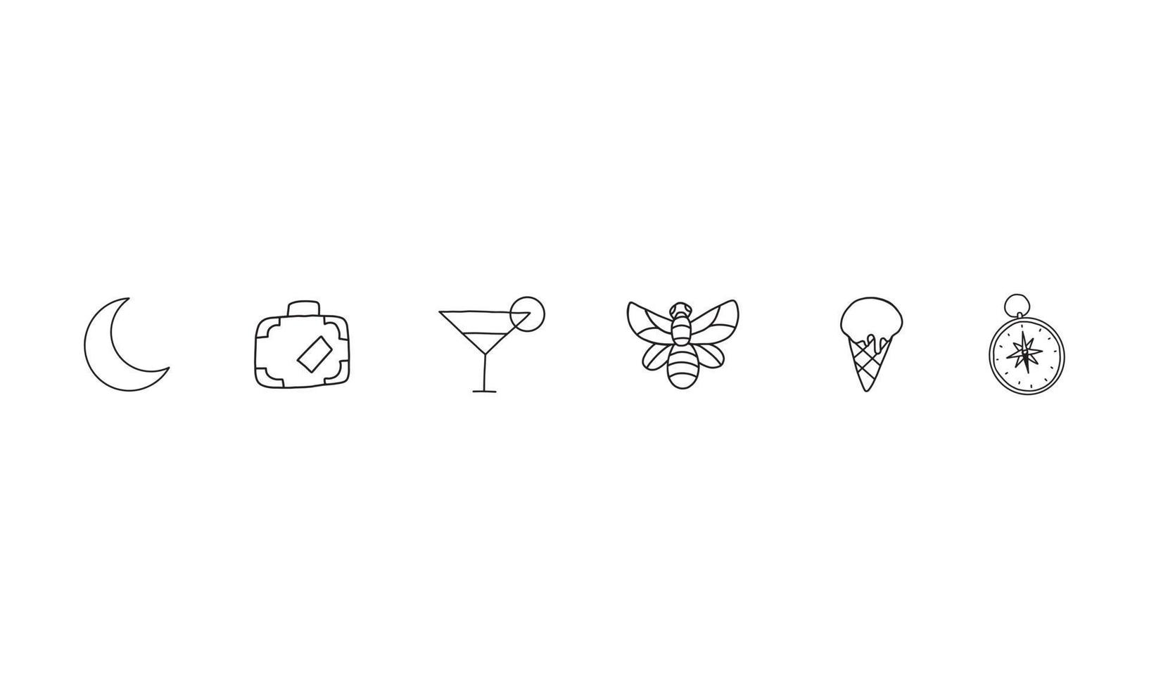 serie di illustrazioni di icone giocose. raccolta di icone semplici e minimaliste in stile contorno. icona illustrazione del pacchetto di viaggio e avventura. vettore