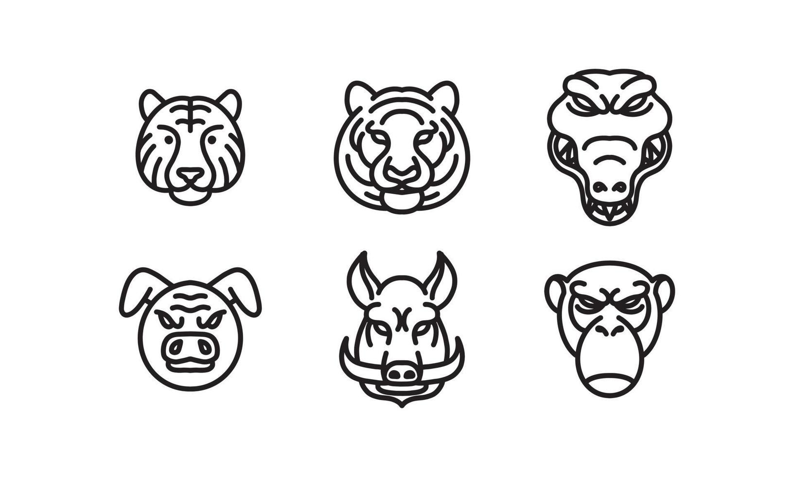 mobileset di 6 teste di animali selvatici, icona della linea vettoriale animale, arte della linea vettoriale della testa animale, illustrazione animale isolata