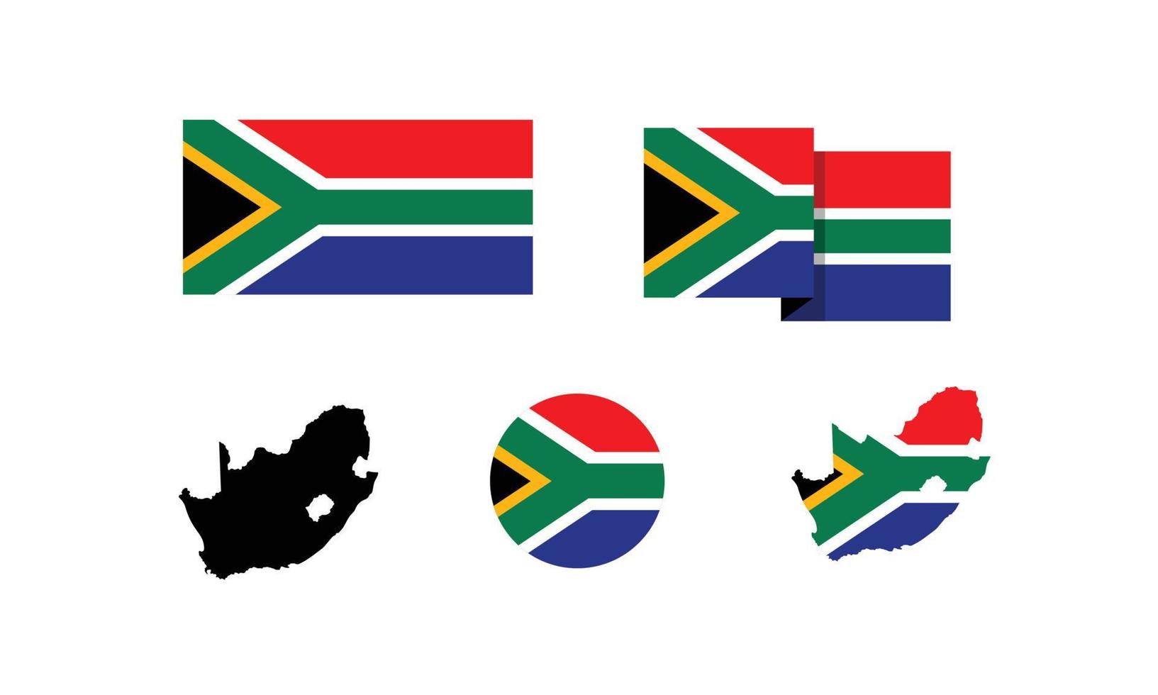 attributi del sudafrica bandiera in rettangolo, rotondo e mappe. set di illustrazioni vettoriali di elementi per il giorno della celebrazione nazionale.
