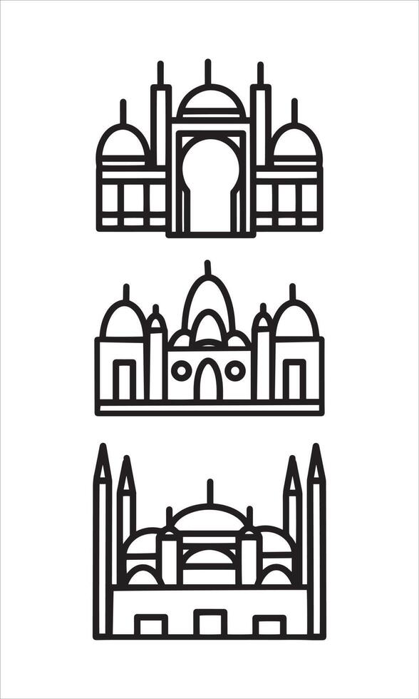 set di 3 icone di arte di linea della moschea. utilizzare per eventi islamici come ramadan kareem e eid mubarak o per risorse di pittogrammi. vettore di arte di linea della moschea per segno, simbolo, icona o logo islamico