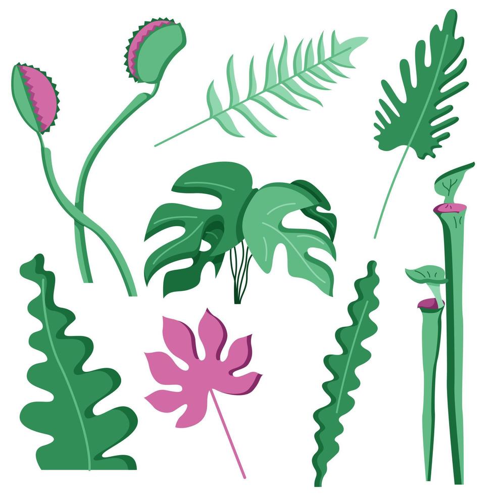 set di adesivi con foglie di giungla in epoca mesozoica per decorare la scuola materna, per bambini, illustrazione in uno stile piatto isolato su un bianco. vettore